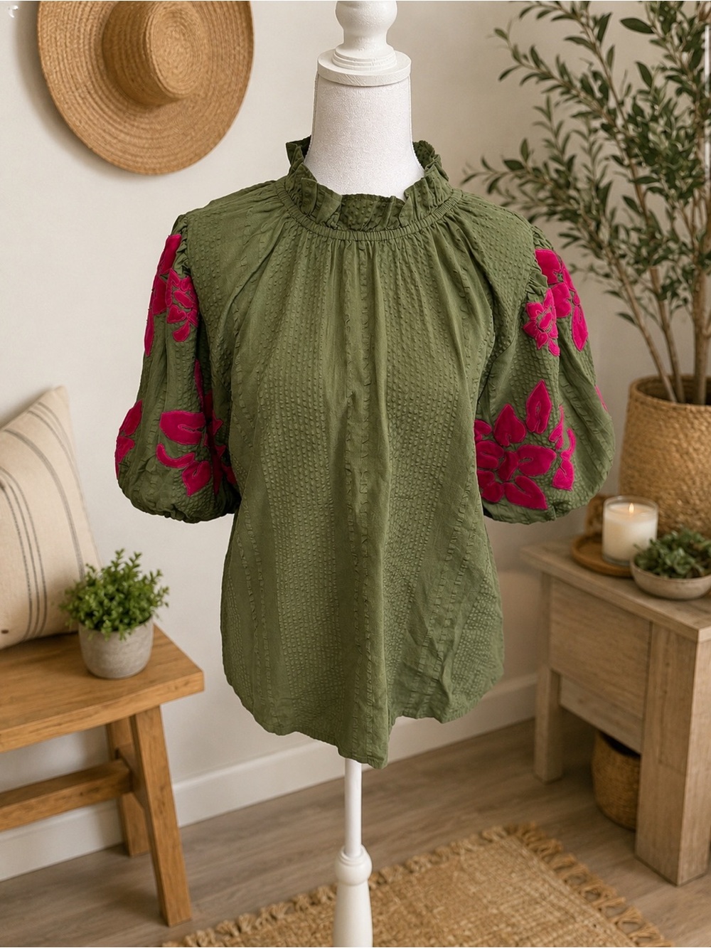 THML Olive Green Peasant Blouse with   Velvet Magenta Appliqued Floral Sleeves